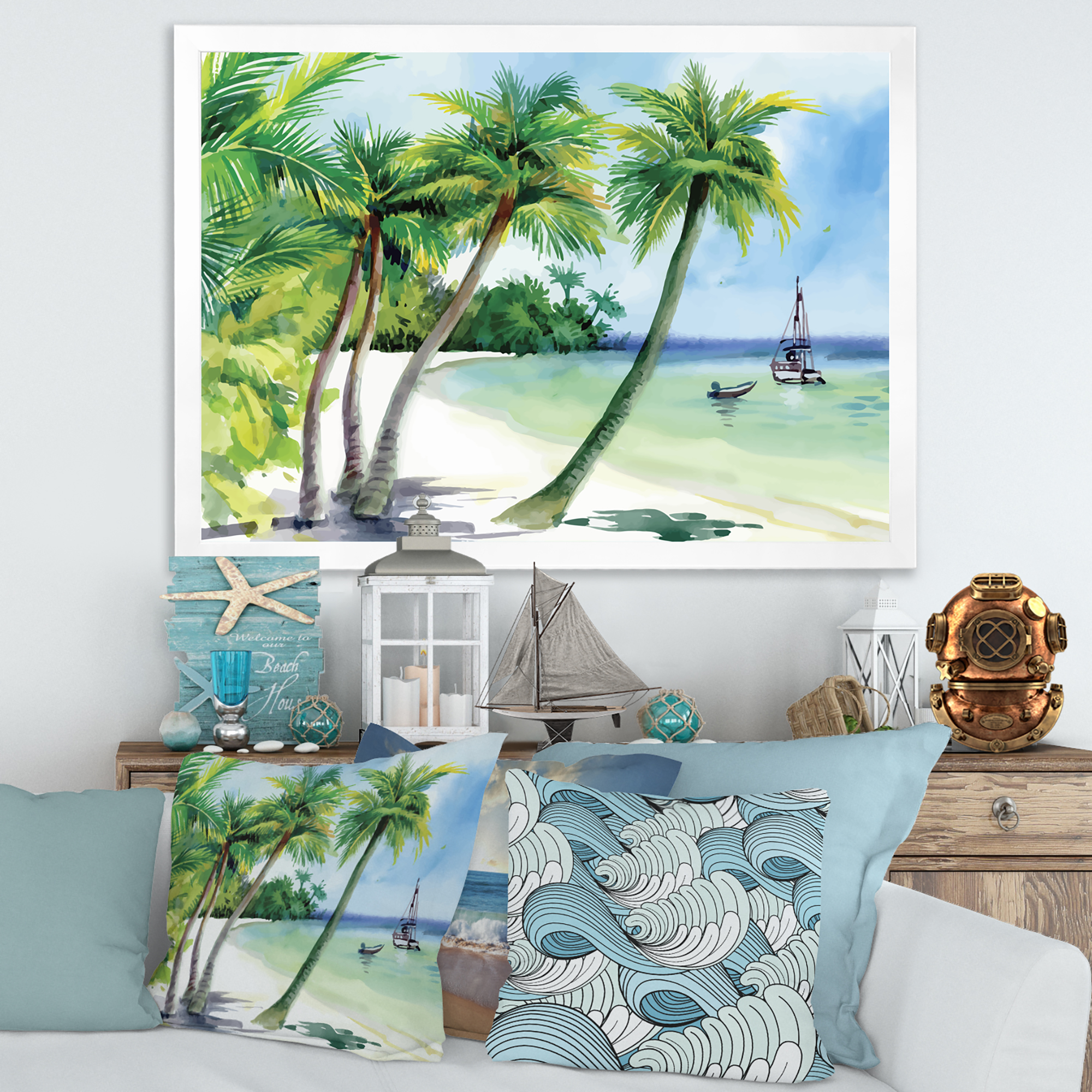Designart 'Palm Trees With Summer Beach' Nautical & Coastal Framed Art Print