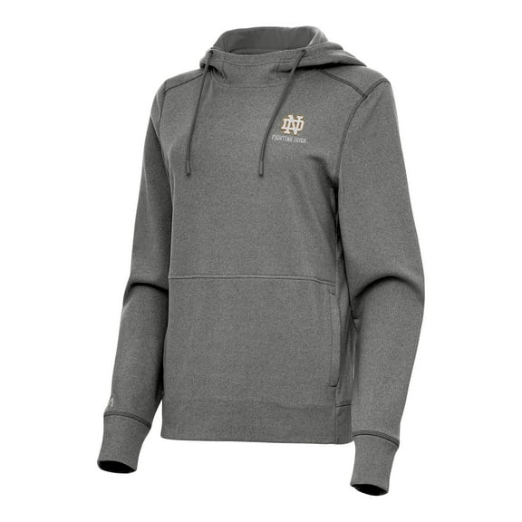 Women's Antigua Heather Charcoal Notre Dame Fighting Irish Justice Pullover Hoodie