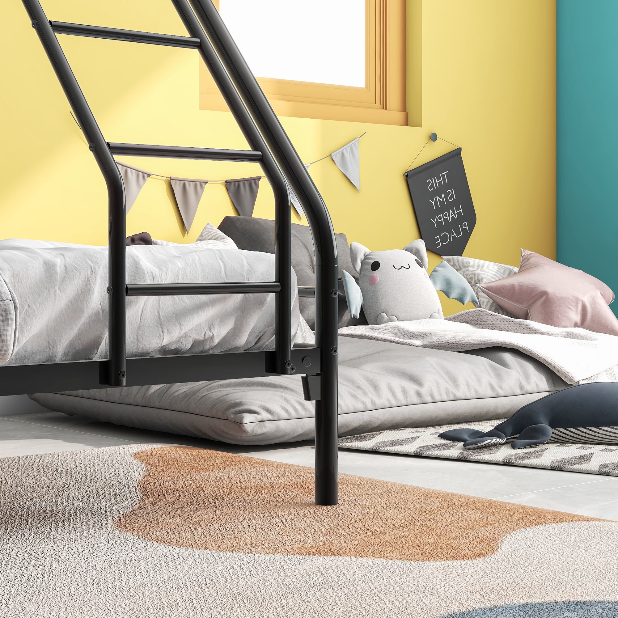 Heavy Duty Twin-Over-Full Metal Bunk Bed, Reinforced Steel Frame with Enhanced Upper-Level Guardrail & Inclined Ladder, Under Bed Storage, Easy Assembly with All Tools, Black