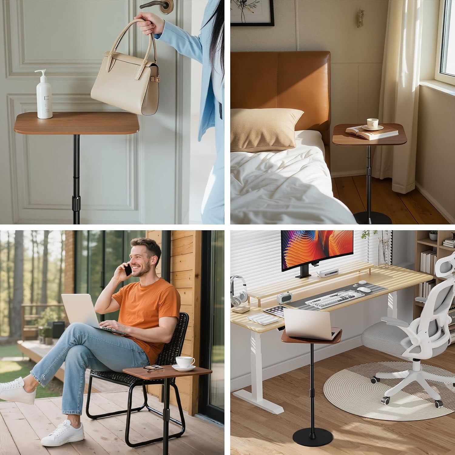 37.8" Max Height Adjustable Mobile Table, Metal Base Wooden Top Laptop Floor Stand, Portable Standing Bedside Sofa Desk for Home Office Use