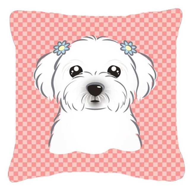 Checkerboard Pink Maltese Fabric Decorative Pillow, 14 x 14 In.