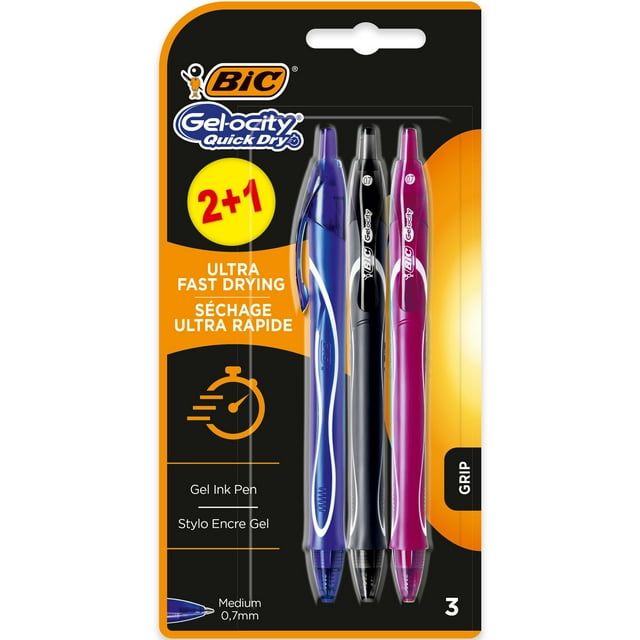 BIC Gel-ocity Quick Dry Gel Ink Rollerball Pens, Medium Point, 0.7mm, Assorted Ink Colors, 3 Count