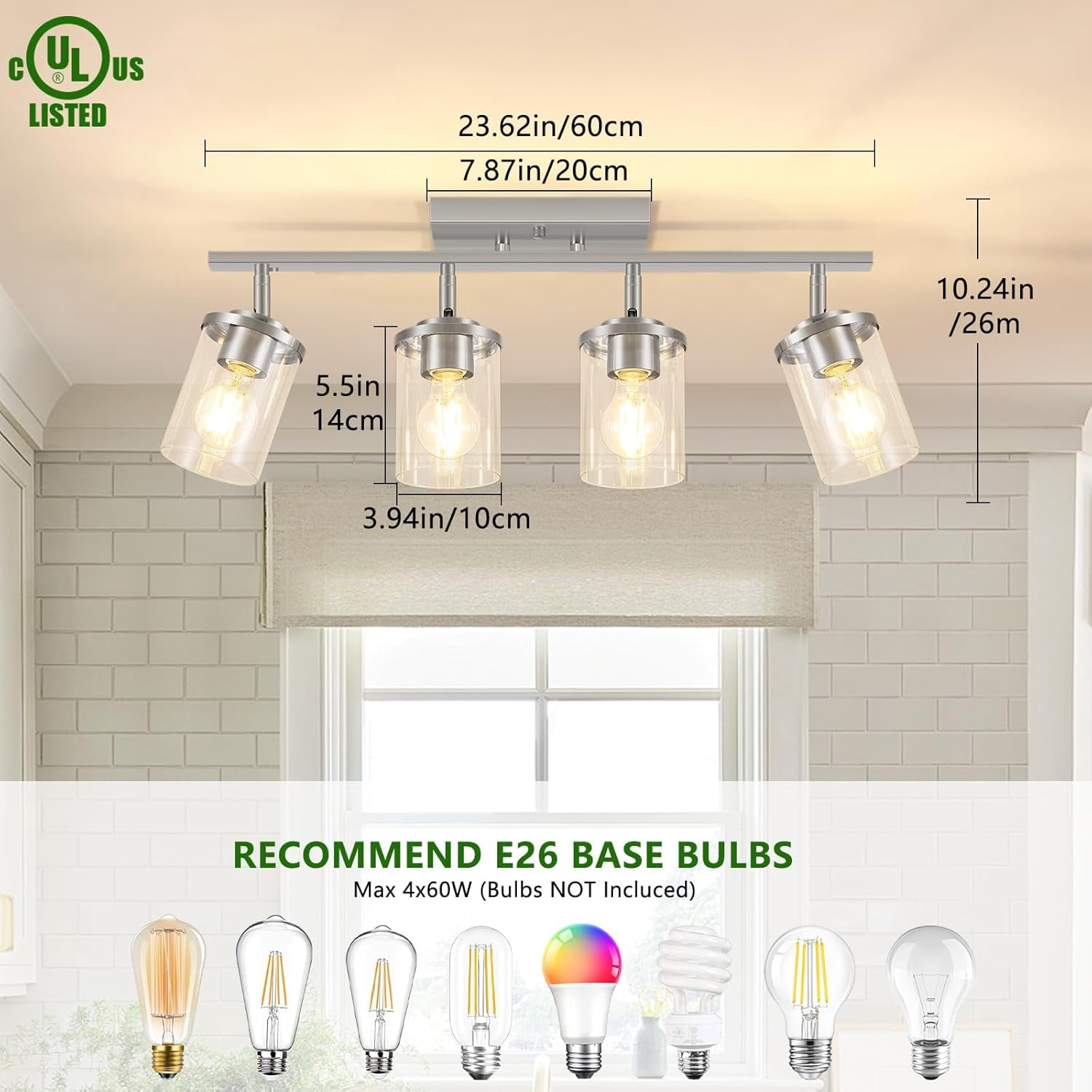 4-Light Brushed Nickel Track Lighting Kit with Clear Glass, Modern Track Light Fixtures Flush Ceiling Mounted, Tracking Vanity Lighting Rotatable Spotlight for Kitchen Bathroom