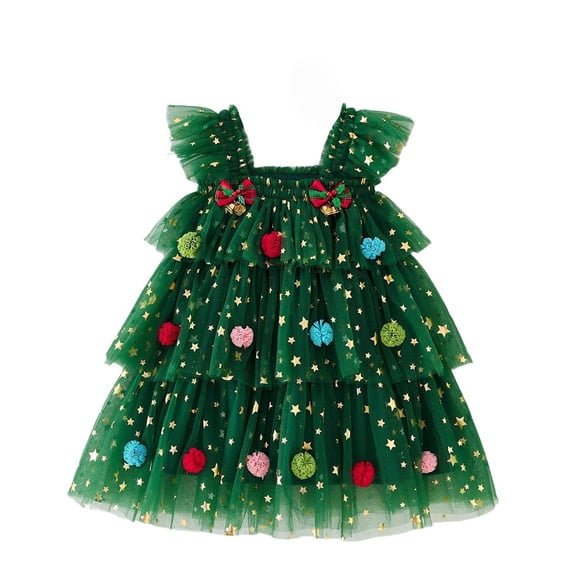 Odeerbi 0-8 Years Toddler Kids Girls Christmas Tree Tiered Tulle Dress Ruffle Strap Sparkle Princess Dress for Holiday Party