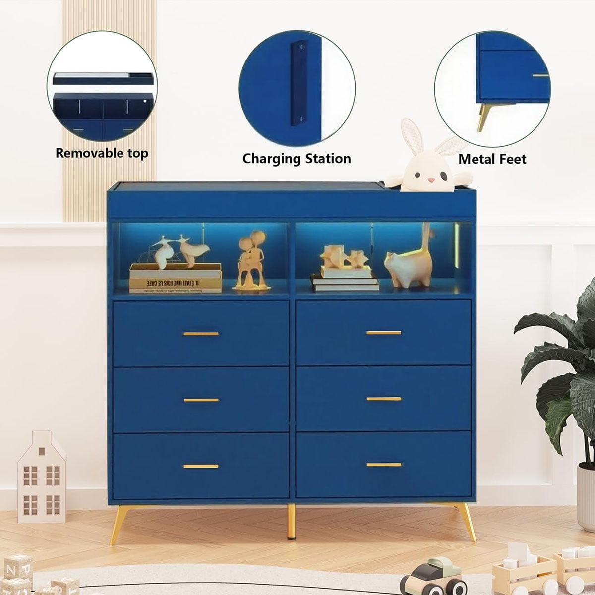 Danolapsi Changing Table Dresser with Drawers,Baby Dresser with Changing Table Top,Power Outlet,LED Light & Metal Feet,Diaper Changing Station Nursery Organizer for Infants Newborn（ship in 2 boxes）