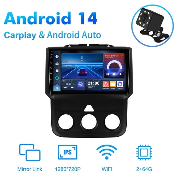 2 64G Android 14 Car radio for Dodge RAM 1500/2500/3500 2013-2018 with Manual A/C Multimedia Stereo Wireless Carplay Android Auto Navigation GPS WIFI Mirror link Camera FM BT