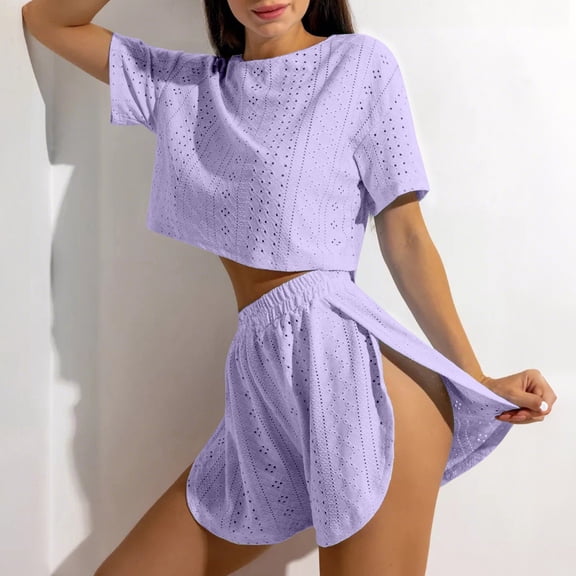 Xunmmm Women's Pajamas Set Comfortable Loose Solid Color Mesh Hollow Short Sleeve T-shirt and Short Home Clothes 2 Piece Set Loungewear