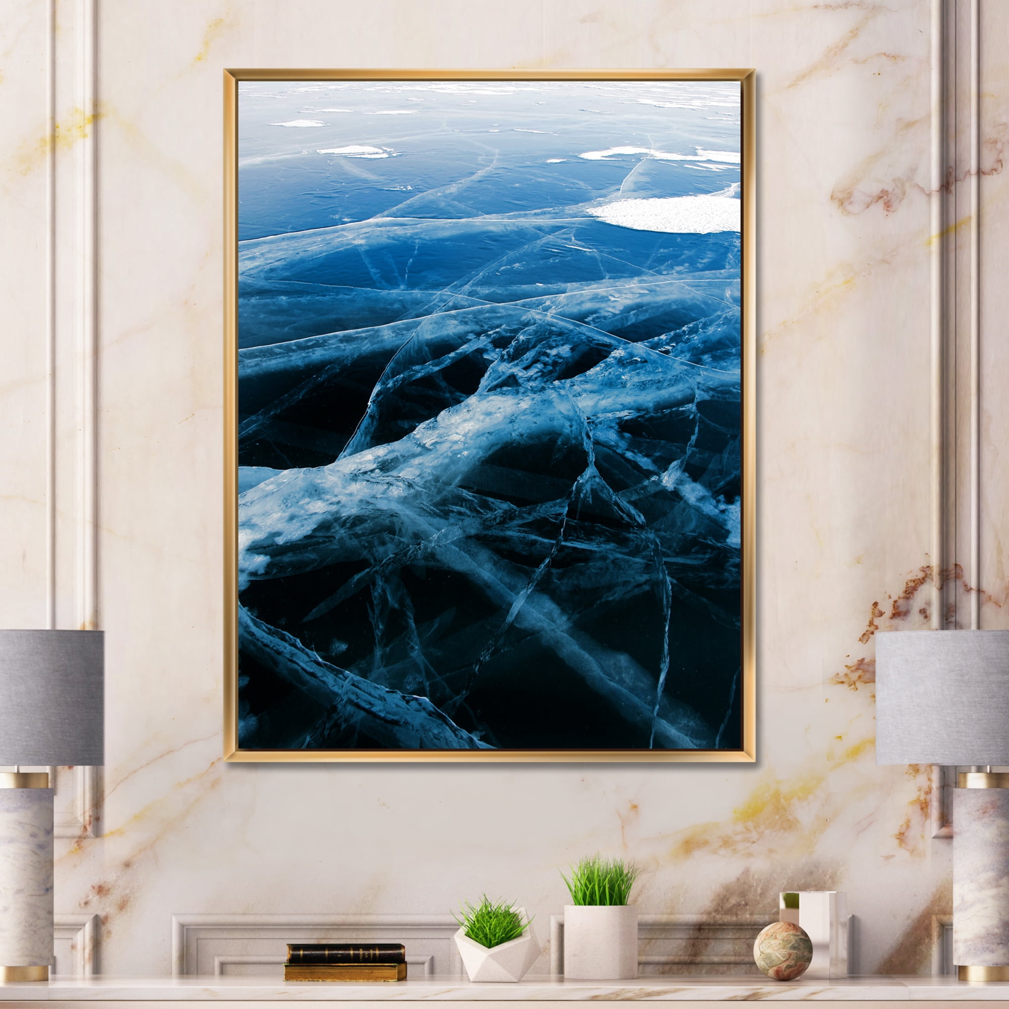 Designart 'White and Blue Ice Structure II' Modern Framed Canvas Wall Art Print