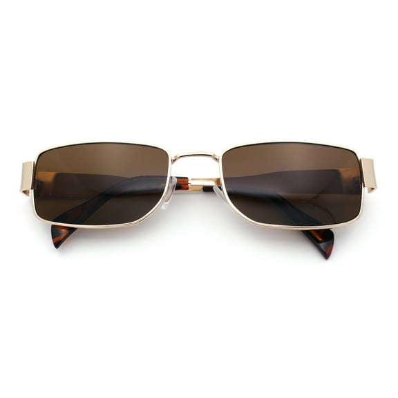 Mens Classy Narrow Rectangle Metal Rim Hustler Fashion Sunglasses Gold - Brown