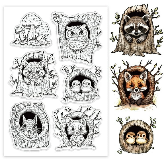 1sheet Tree Hole Animal Clear Stamps Fox Owl Squirrel Bird Raccoon Silicone Clear Stamp Seals Mushroom Transparent Stamps for Scrapbooking Cards Making Photo Album Journal