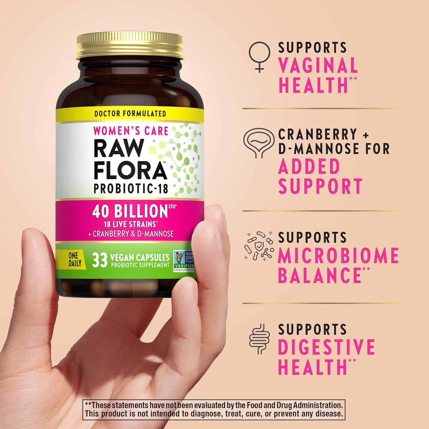Raw Flora Probiotics for Women | 40 Billion CFU | 33 Vegan Capsules | with Cranberry & D-Mannose | by Nature's Truth