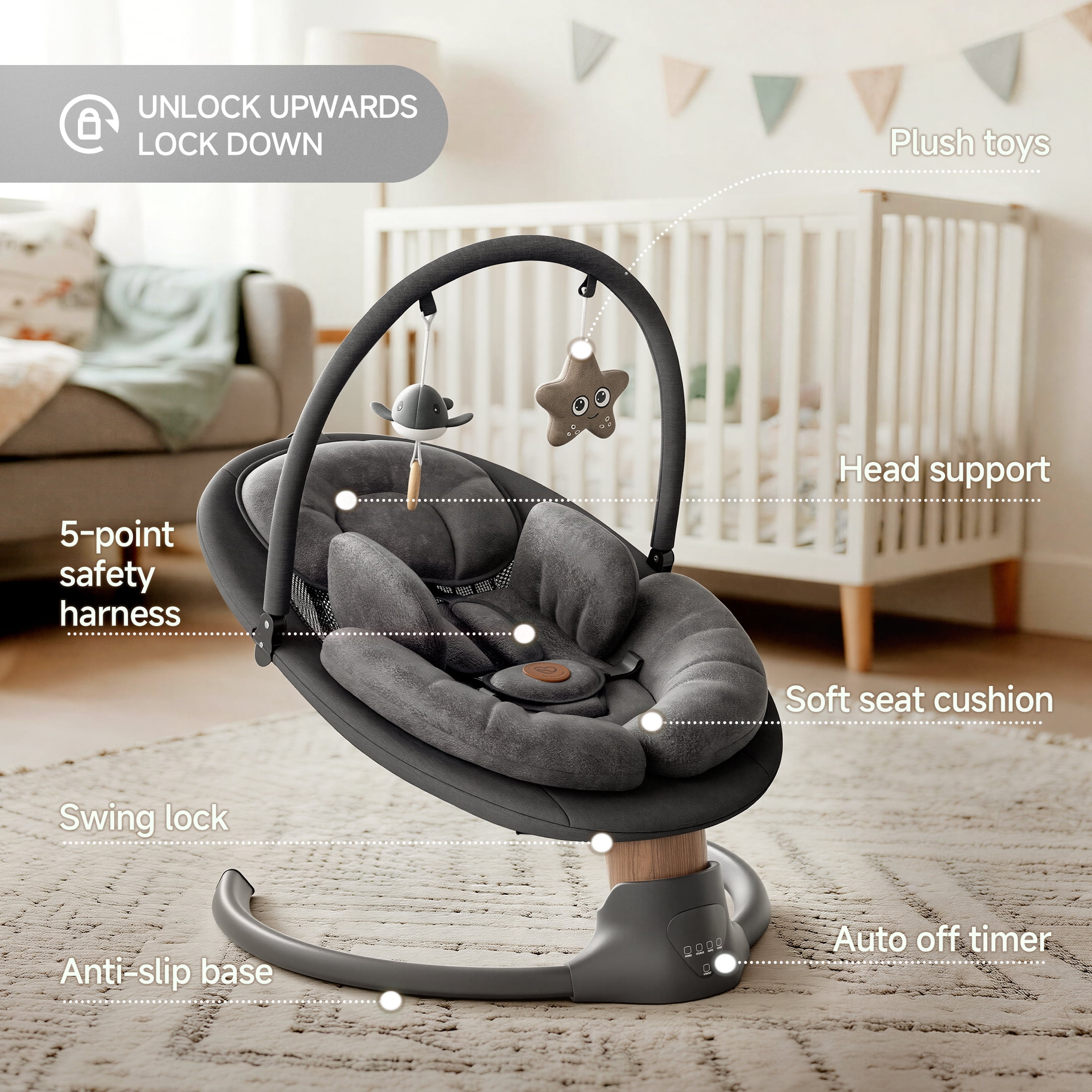 Babyomi Portable Baby Swings for Infants to Toddler, Electric Swing with Music Speaker, 3 Seat Positions , 5 Speeds, and Remote Control - Infant Swing for Indoor and Outdoor, Black
