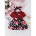 thumbnail image 4 of Baby Girls Cute Casual Ruffled Stitching Flower Ribbed Dress & Bow Headband Set For Summer Holiday, 4 of 5