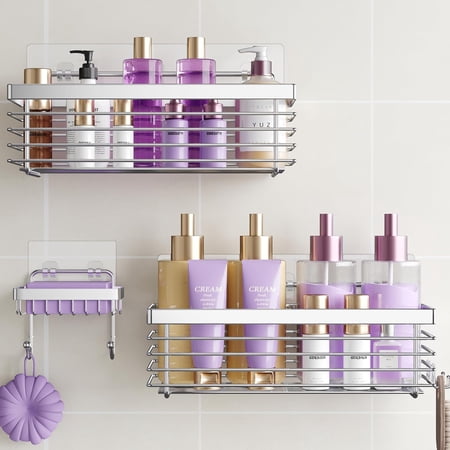 Shower Caddy 3 Pack SUS304 Stainless Steel-No Drilling-Shower Bathroom Shelves Rack Rustproof Wall Mounted Adhesive Shower Shelf Basket Organizer-Grey