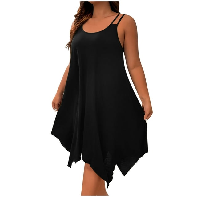hotojiny Robes Grande Taille pour Femmes Rondes Décontractées Ourlet Mouchoir Sans Manches Tunique Fluide Hauts d'Été Col Rond Débardeurs de Plage