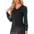 thumbnail image 4 of INSPIRAR CHIC Top de Manga de Lentejuelas para Mujer, Top Brillante de Cuello en V para Fiesta, L Negro Verde, 4 of 5