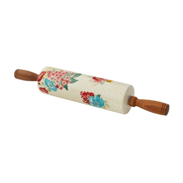 The Pioneer Woman Fancy Flourish Ceramic Rolling Pin with Acacia Wood