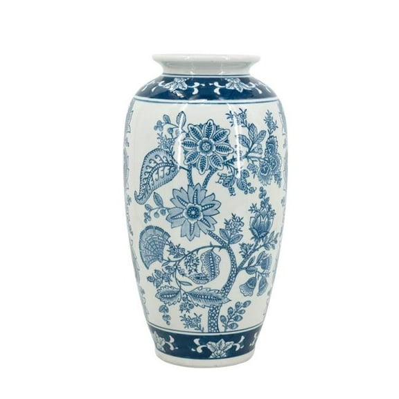 HomeRoots 565448 15 in. Light Blue & White Floral Porcelain Urn Vase