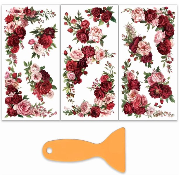 Juego de 3 calcomanías adhesivas con borde de rosas para muebles y manualidades (6 x 12 pulgadas). Adhesivos de transferencia con temática de rosas.