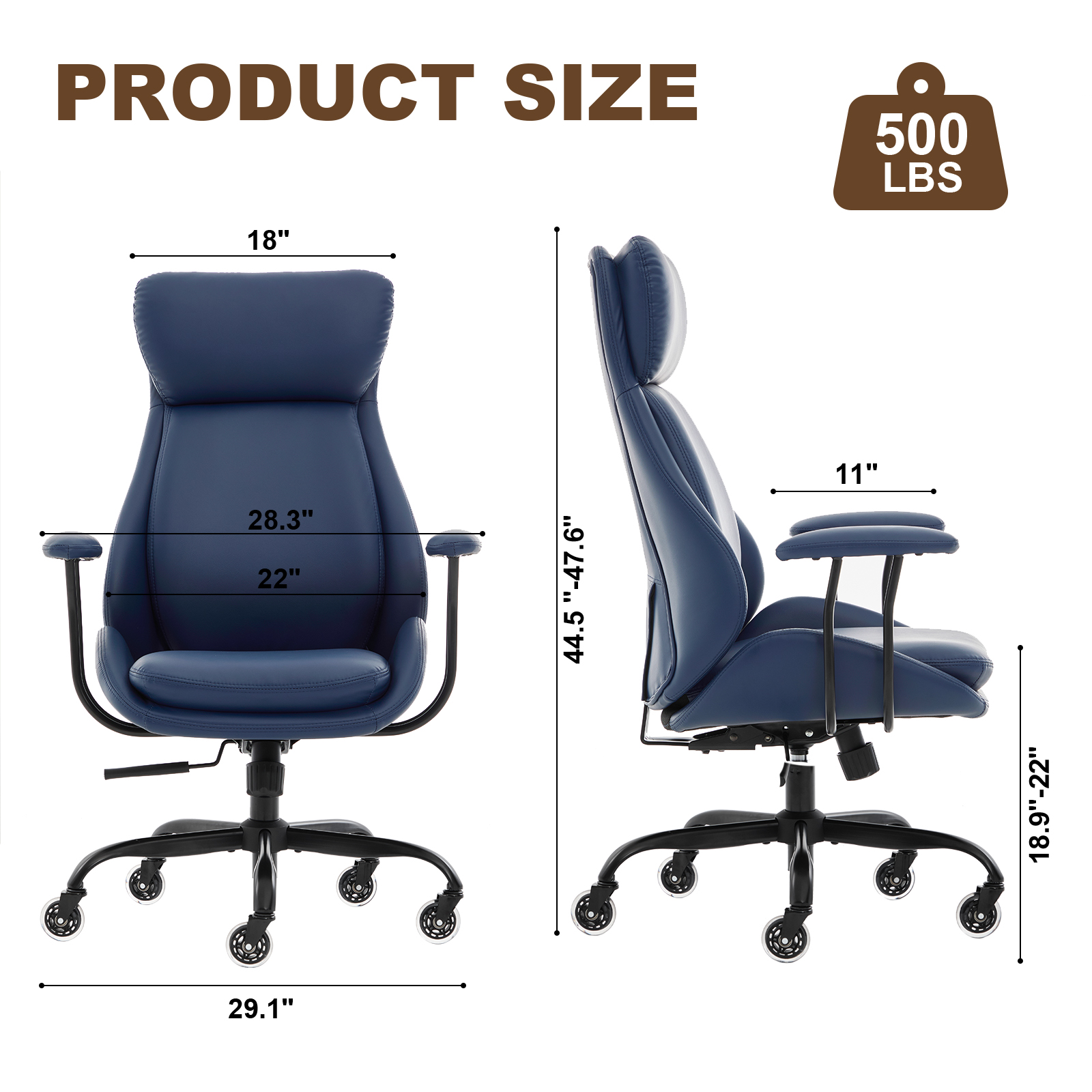 E-Motie Home Office Desk Chair, Ergonomic Computer Chair with Lumbar Support and Head Support, High Back Office Chair with Armrests, Adjustable Height, Rubber Casters, Blue Leather