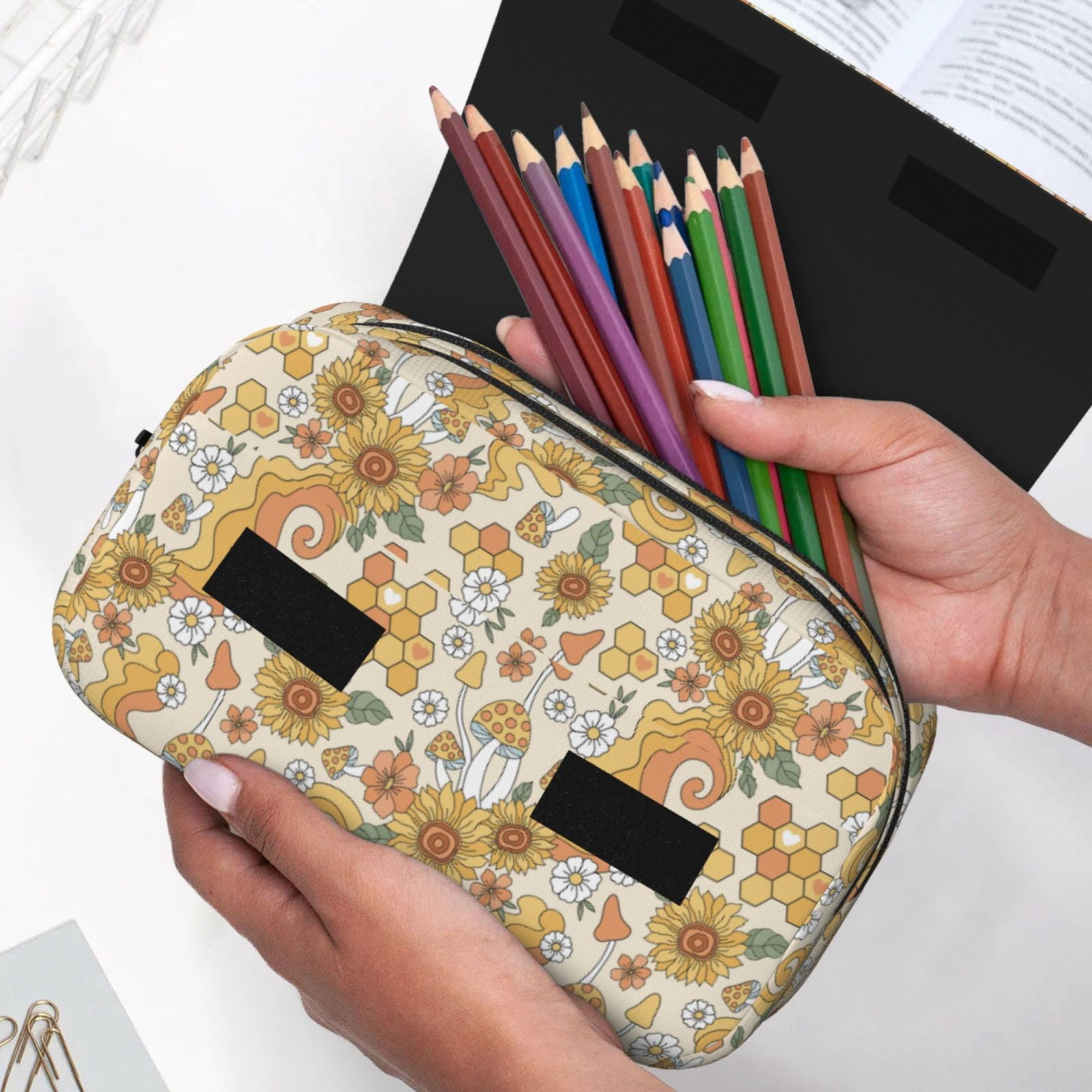 Rateoe Retro 70s 60s Flower Pattern Double Clamshell Pen Case, Storage Organizer with Two Zipper Compartments– Holds Up to 50 Pencils & Pens