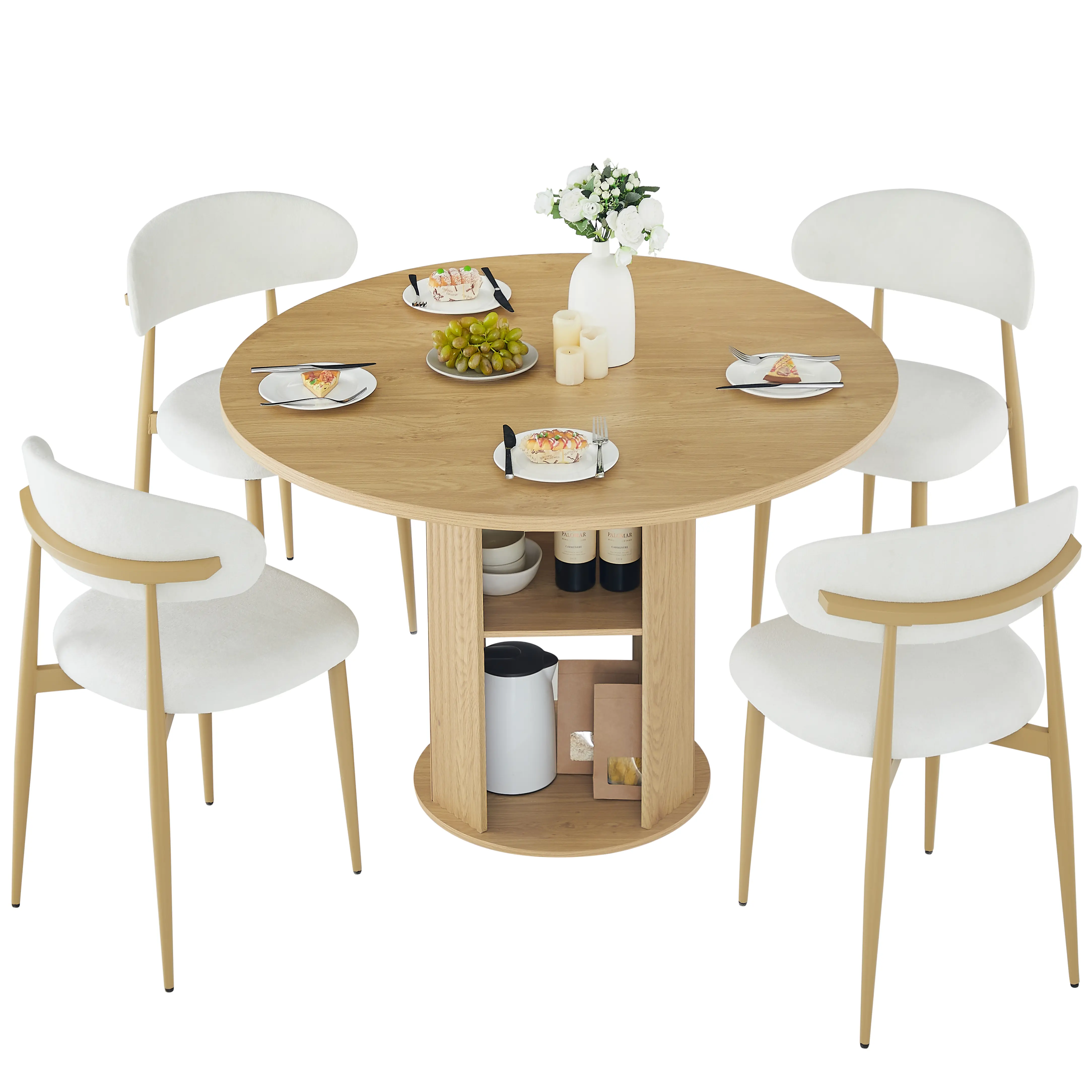 Aukfa 2 Pcs Round Dining Table Set with 2-Tier Storage Shelves, 2 Upholstered Chairs, Natural