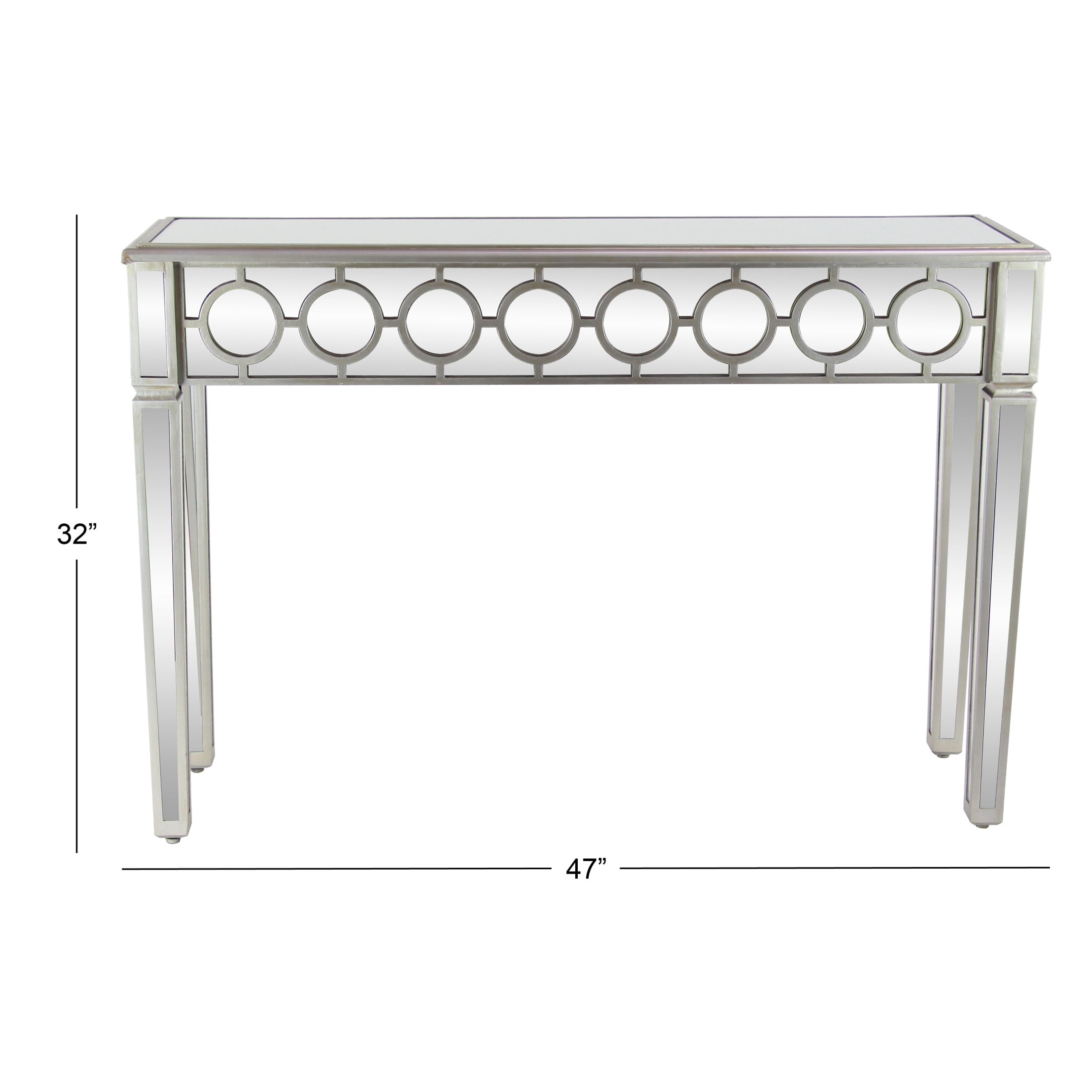 DecMode 47" x 32" Silver Glass Mirrored Geometric Console Table with Circular Panel Inlay, 1-Piece