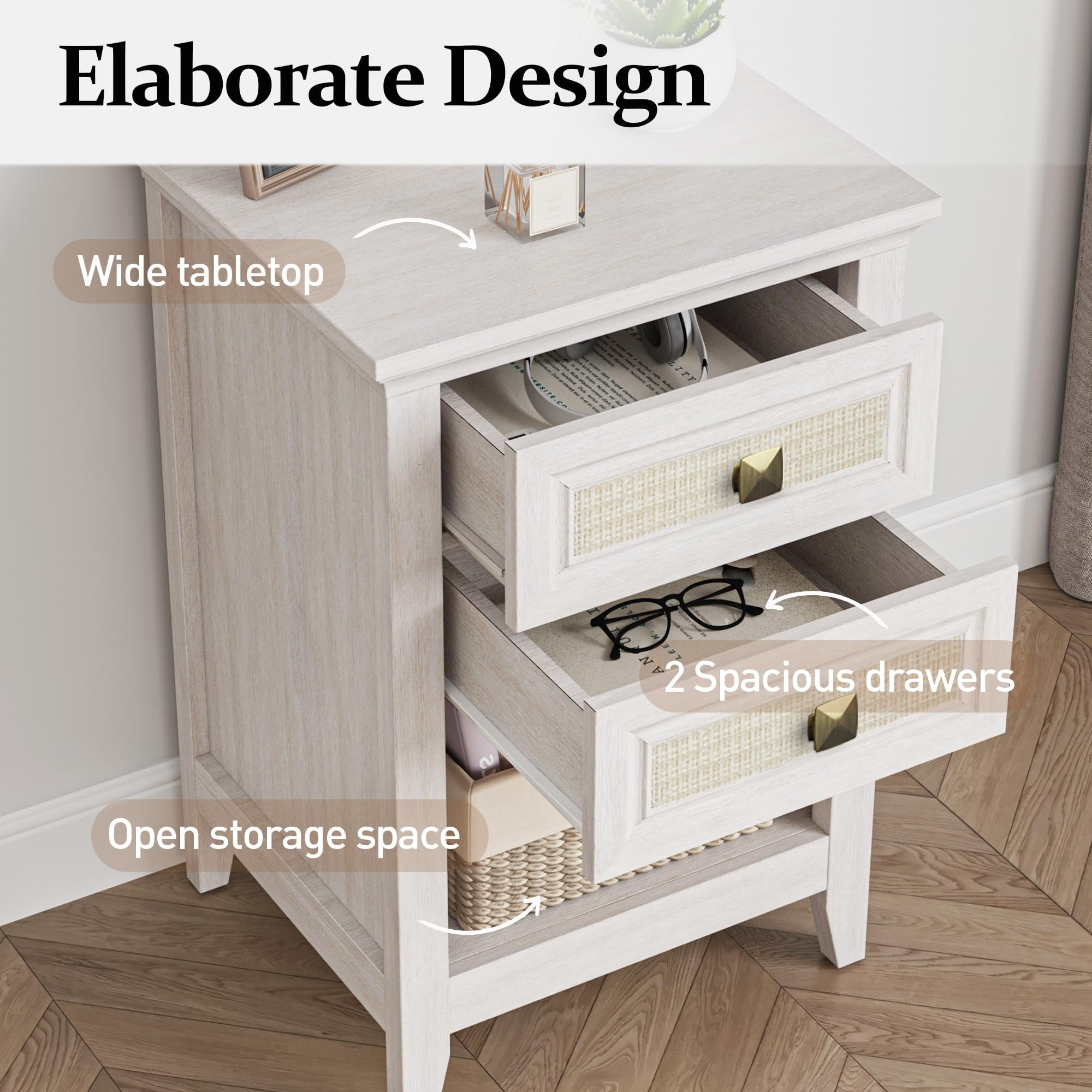 CozyHome Boho Rattan Wood Accent Nightstand with Drawer Set of 2, 27" Tall End Table with Storage, Grayish White Bedside Table, Chairside Couch Coffee Table Nursery Living Room Bedroom Furniture