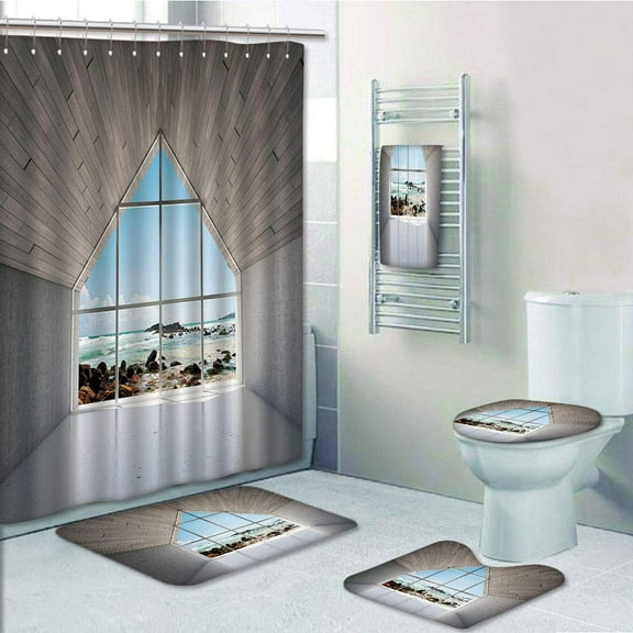 PRTAU Modern Calm Relaxing Lounge with Sea Ocean Coastal Scenery View Sky 5 Piece Bathroom Set Shower Curtain Bath Towel Bath Rug Contour Mat and Toilet Lid Cover