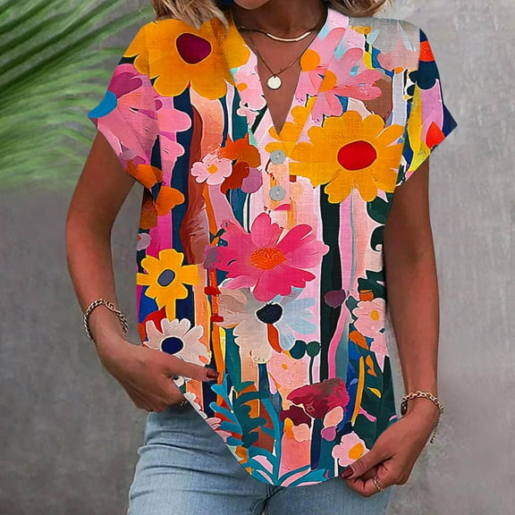 LiMoi Short Sleeve Womens Shirts Cotton Womens T Shirts Cotton White Floral Tops for Women Trendy T Shirts New & Trending
