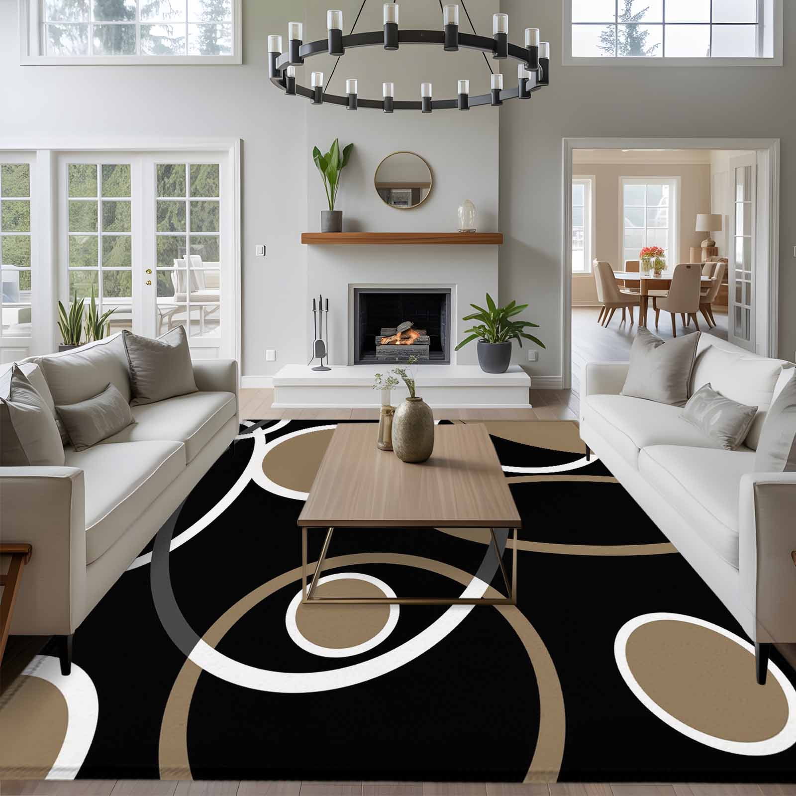 Rectangle Area Rugs 5 x 8 Ft, Black Brown Non-Slip Residential Carpet, White Circle Modern Minimalist Geometric Indoor Crawling Mats Runner Rugs for Living Room/Dining Room/Bedroom