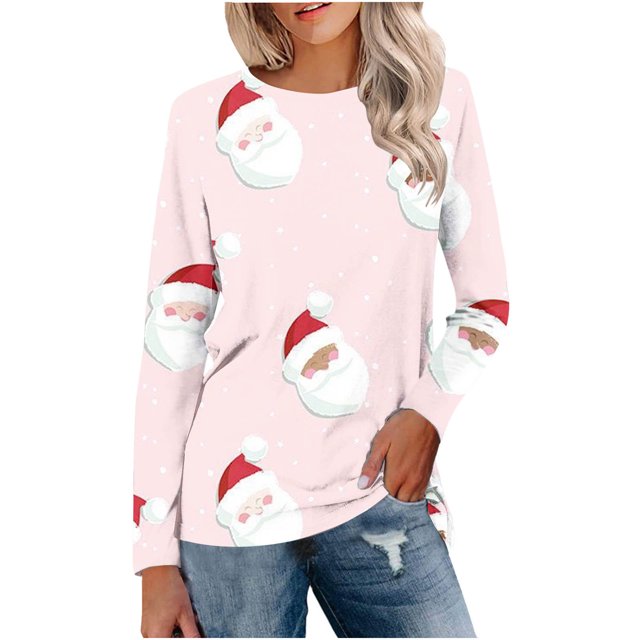 Crayolaes Haut de Noël pour Femmes, Haut de Noël Imprimé Col Rond Manches Longues/rose, (m)