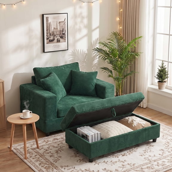 LEHZROAJ Oversized Upholstered Sofa with Ottoman,Comfy Corduroy Couch Pillows Deep Seat for Living Room,Bedroom(Green)