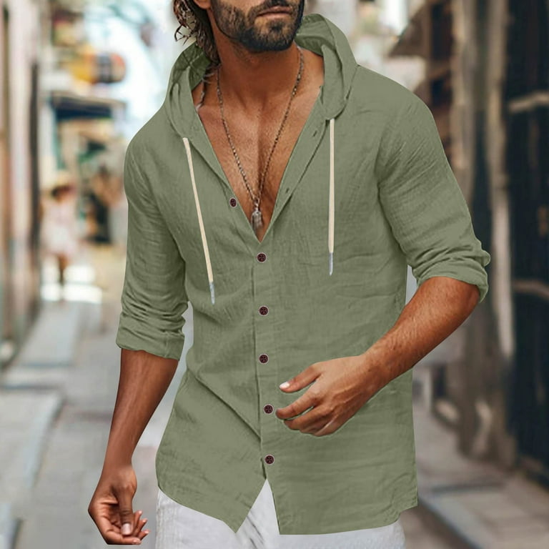 YYDGH Mens Cotton Linen Hoodie Long Sleeve Button Down Shirts with