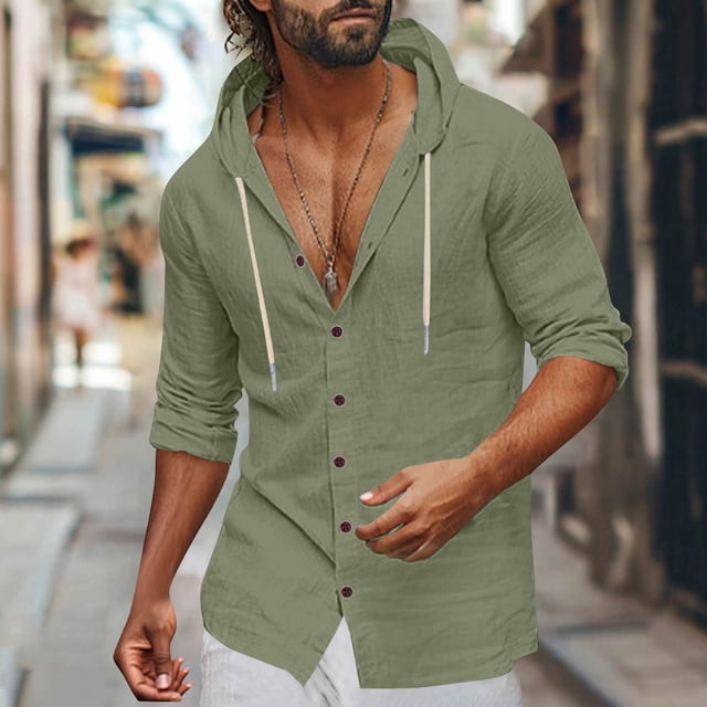 pstuiky camisetas de manga larga para hombre, Blusa informal holgada de manga larga con capucha y botones para hombre, de color liso, a la moda, con cordón ajustable Tops de hombre xl