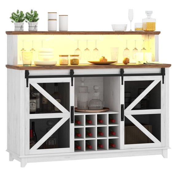 55" Coffee Bar Cabinet with Lights, Farmhouse Wine Cabinet, Kitchen Buffet Hutch