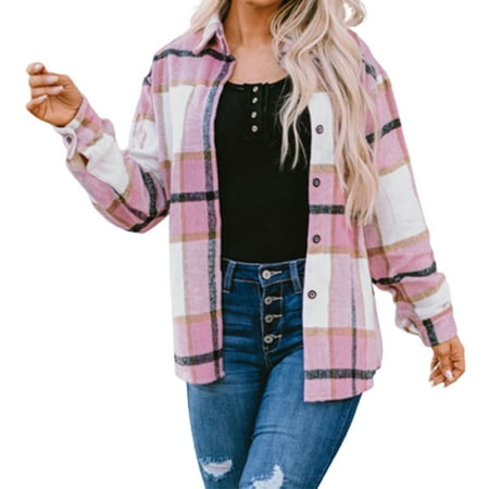 

Womens Flannel Shirts Long Sleeve Plaid Shacket Jacket Button Casual Fall Shirts Tops Fall Clothes with Pocket