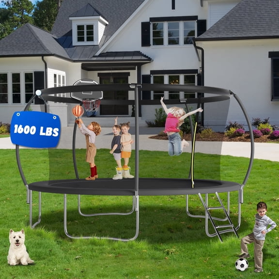 Shengchao Trade 1600LBS 14FT Trampoline with Safety Enclosure Net and Basketball Hoop,Black