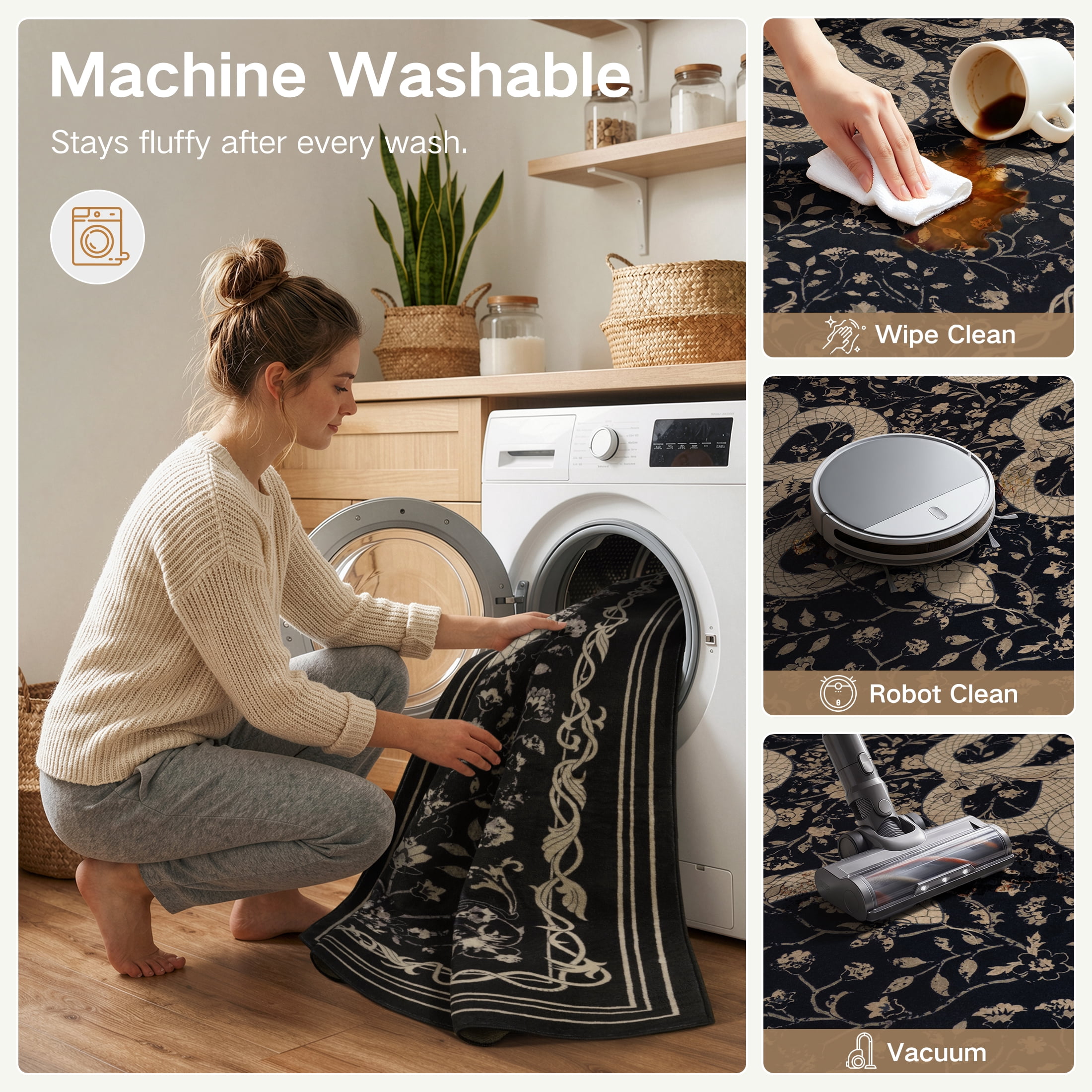 Moynesa Vintage Snake 8'x10' Large Area Rug for Living Room, Washable Black Floral Rug Botanical Statement Accent Carpet for Bedroom Dining Room Home Office Non Slip Stain Resistant Low Pile