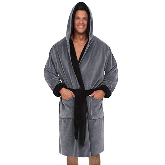 CVLIFE Peignoirs de Bain pour Hommes Peignoir Enveloppant en Molleton Chandail à Capuchon Robe de Chambre Confortable à Manches Longues en Tissu Éponge Pyjama de Sommeil Gris Noir TG