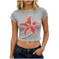 thumbnail image 2 of Xdegoge Womens Lily Floral Graphic Print Crop Tops Short Sleeve Crewneck Slim Fit Shirts Summer Casual Botanical Trendy Fitted T Shirts Y2K Vintage Inspired Basic Tees, 2 of 6