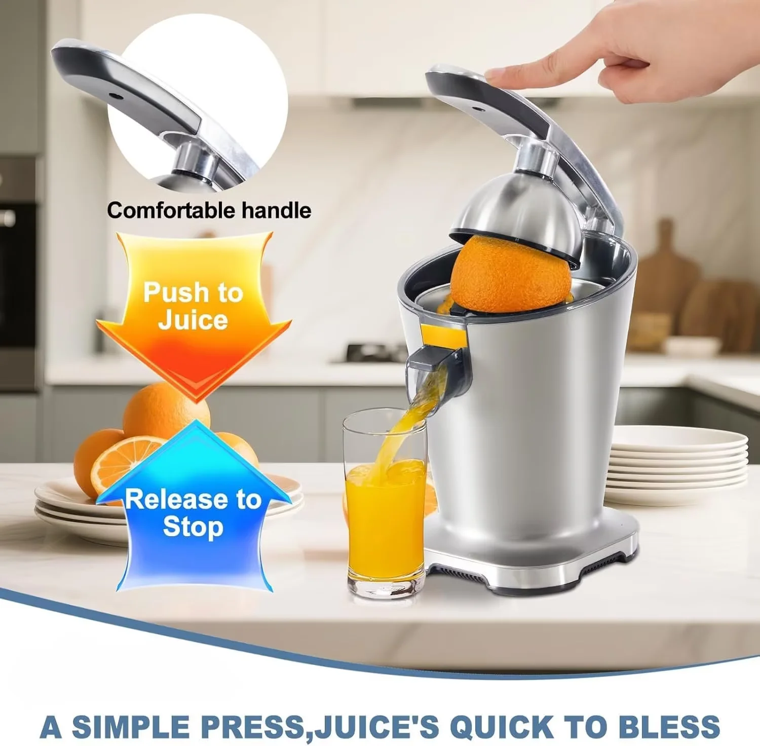 HealSmart Electric Citrus Juicer Squeezer, One-Touch Operation Orange Juicer Machine, High Juice Yield, Suitable for Oranges, Limes, Grapefruits, Lemons, Easy to Clean, Silver