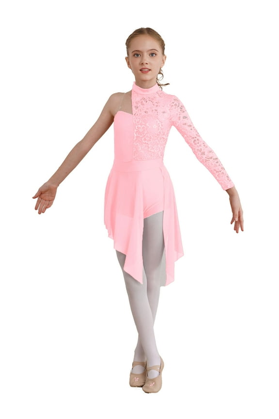 Kids Girls Contemporary Lyrical Dance Dress One Sleeve Long Skirt Leotard Modern Jazz Latin Ballerina Costume Size 6-16 Pink 16