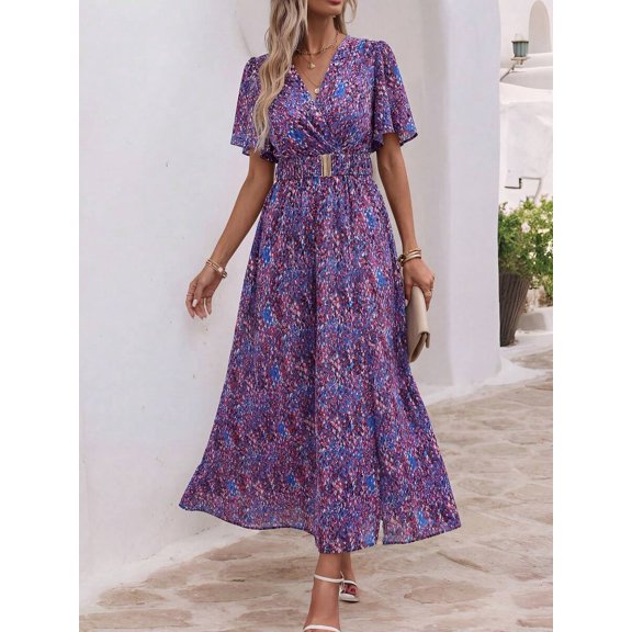 Purple Floral Wrap Maxi Dress With V-Neck Short Sleeves Belted Waist Flared Hem
