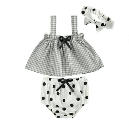 

Canis 3Pcs Baby Summer Outfits Plaid Tank Tops + Dot Shorts + Hairband