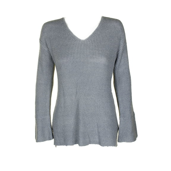 Calvin Klein Womens Dusty Blue Metallic Flare-Sleeve V-Neck Sweater XS