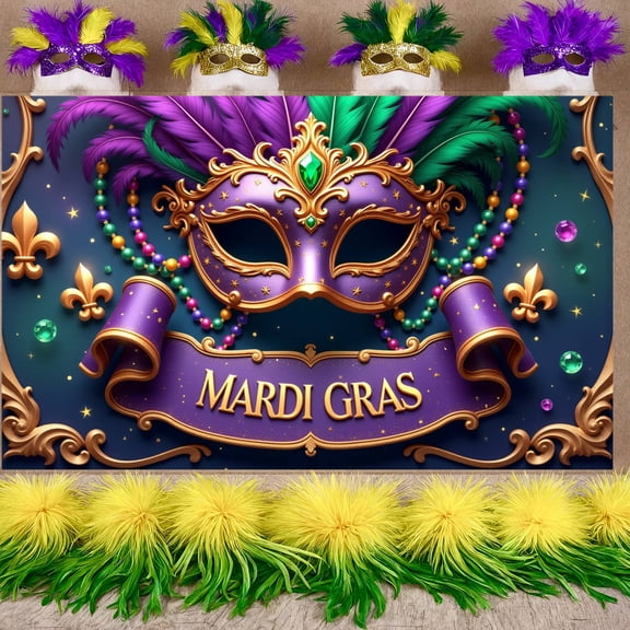 Purple Feather Mardi Gras Banner Gold Accent Carnival Display Green Bead Glittery Design Festive Backdrop for Mardi Gras Party Carnival Celebration Festive Event