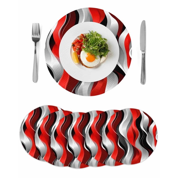 Red Black Grey Round Placemats Set of 6 for Dinning Tables,Heat-proof Braided Table Mats 15 Inch,Geometric Moire Artwork Modern Abstract Washable Place Mat for Kitchen Restaurant Party Table Decor