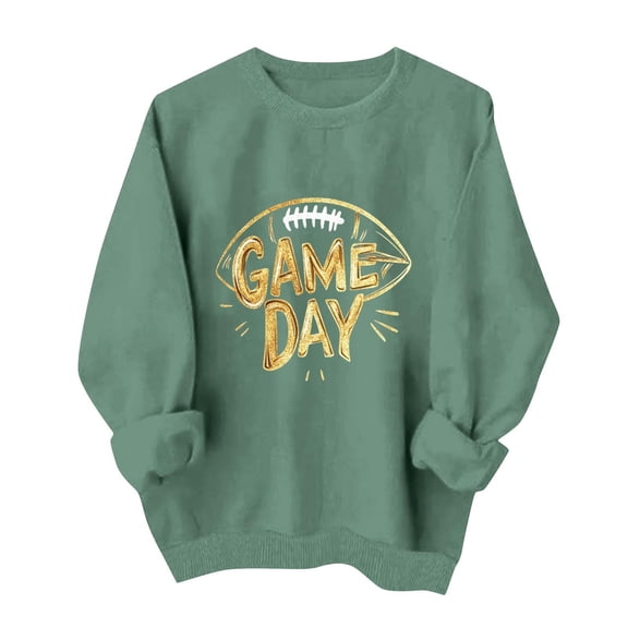 Gamivast Womens Fashion Hoodies & Sweatshirts Game Day Gold Glitter Football Print Crew Neck Long Sleeve Pullover Tops Trendy Casual Athletic Wear
