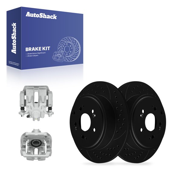 AutoShack Rear Solid Drilled & Slotted E-Coated Brake Rotors Black Finish Calipers 4-PC Brake Kit Replacement for 2006-2014 Honda Ridgeline NightGuard 13.13" (333.6 mm)